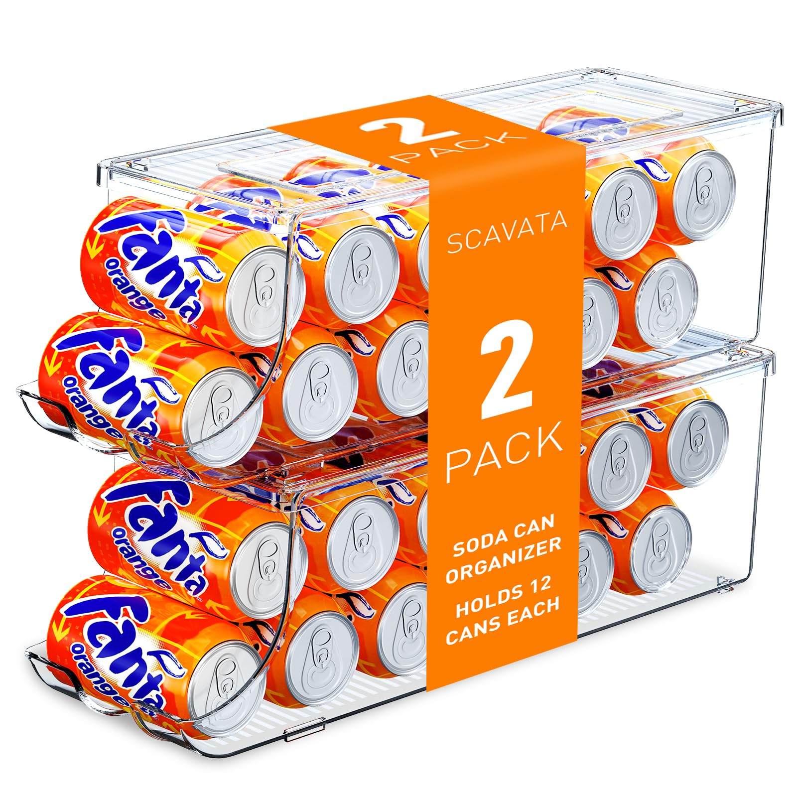 SCAVATA Soda Can Organizer for Refrigerator, Stackable Canned Food Pop Cans Container Can Holder Dispenser with Lid for Fridge Rack Freezer, Clear Storage Bins-Holds 12 Cans Each (2 Pack)