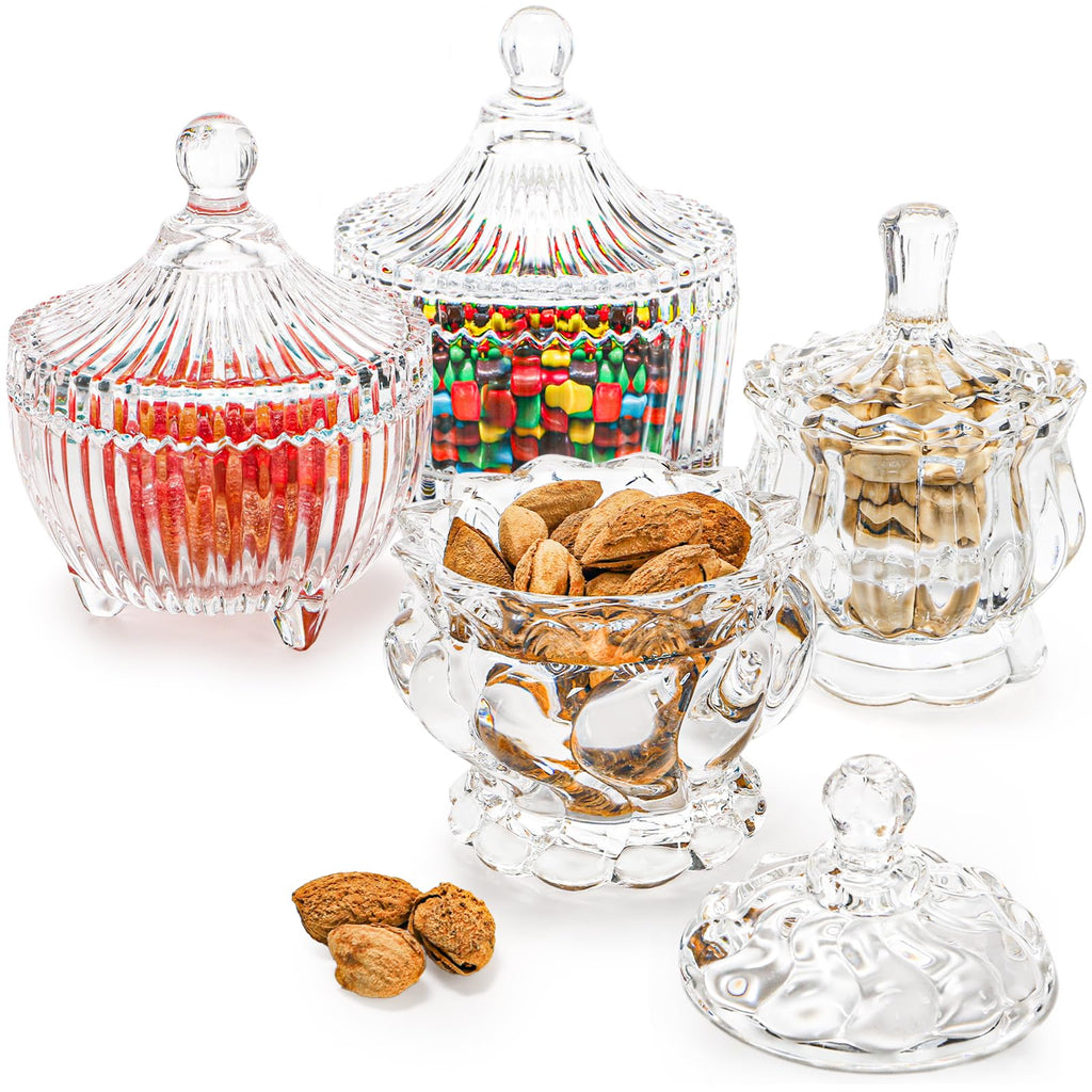 YOUEON Set of 4 Glass Covered Candy Dish with Lid, Crystal Candy Jar Clear Decorative Glass Jars Sugar Dish for Candy Buffet, Party, Wedding, Countertop, 4 Styles