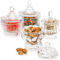 YOUEON Set of 4 Glass Covered Candy Dish with Lid, Crystal Candy Jar Clear Decorative Glass Jars Sugar Dish for Candy Buffet, Party, Wedding, Countertop, 4 Styles