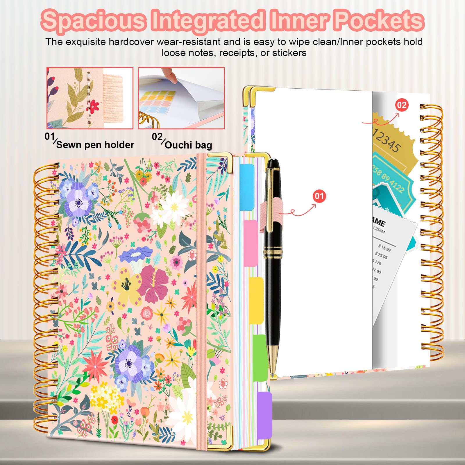 Spiral Journal Notebooks for Work, 300 Pages 5 Subject Notebook College Ruled with Dividers & Tabs, Notebook Journal for Women Students Note-Taking and Organizer (Beige Bloom, B5(8"x10"))
