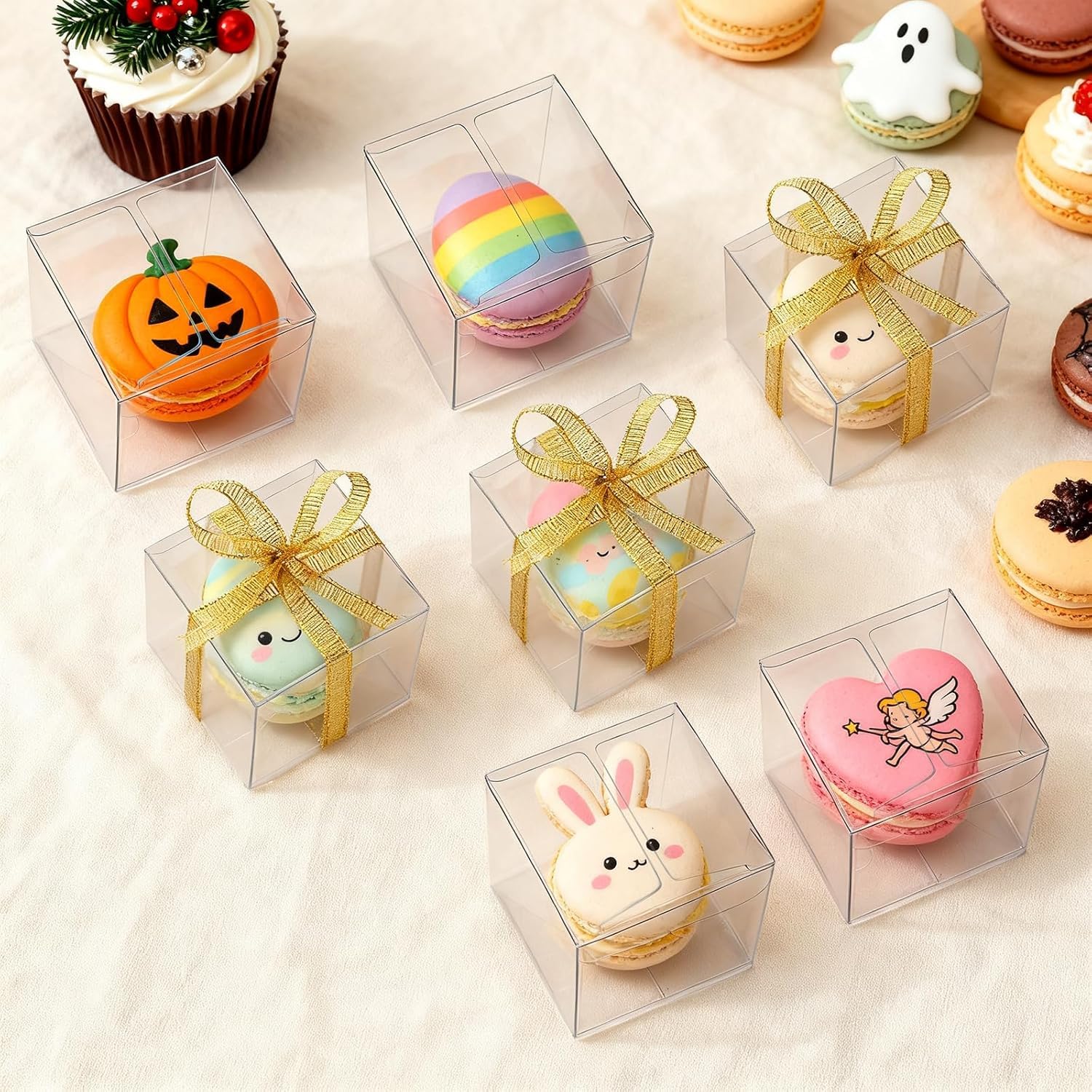Nicunom 120 Pack 2x2x2 Inch Clear Favor Boxes with Ribbons, Small Plastic Gift Boxes Mini Transparent Cube Individual Candy Macaron Packaging Box for Wedding Birthday Party Baby Shower Treats
