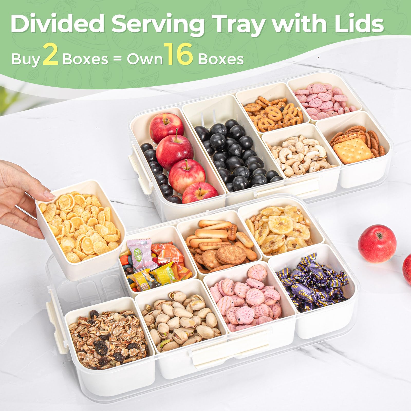 2 Pack 8 Compartment Snackle Box Container Divided Serving Tray, Luxear Snack Box Charcuterie Container with Lid and Handle,Portable Snack Platter Organizer for Candy Fruits Veggie Party Travel Picnic