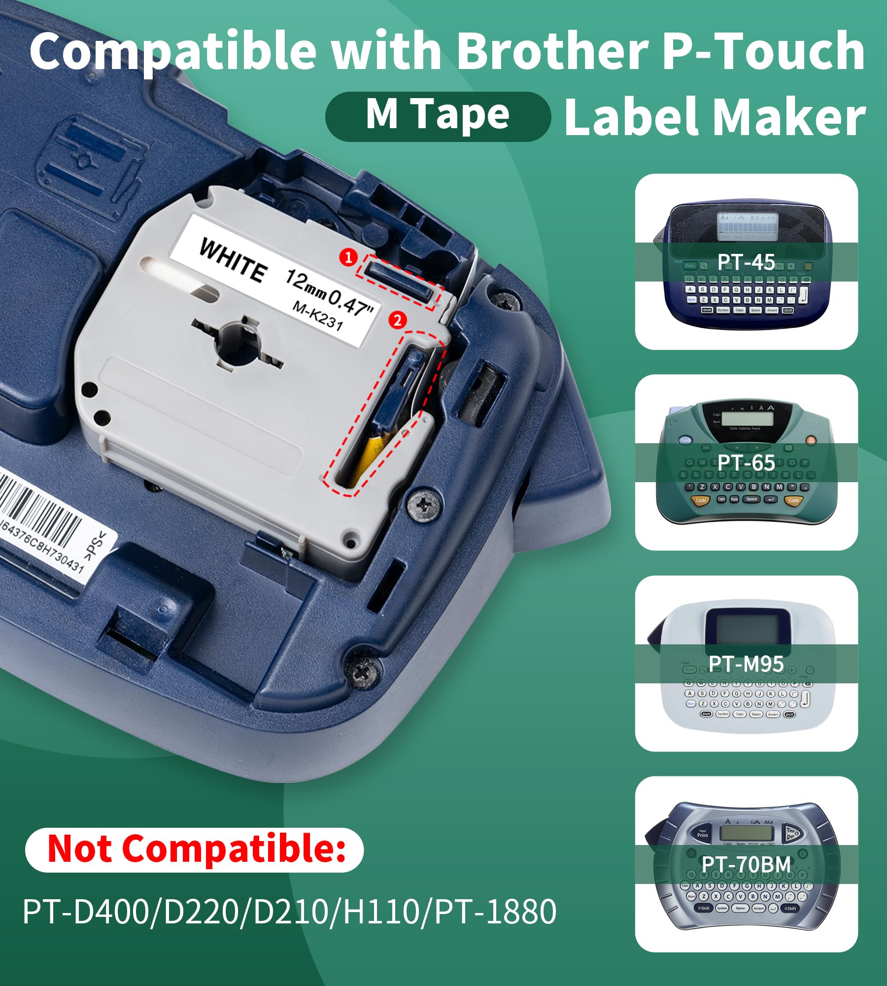M-K231 M-K231S Label Tape Replacement for Brother M-K231 12mm 0.47 M Tape Compatible with Brother P-Touch PT-M95 PT-90 PT-65 PT-70 PT85 Label Maker,Black on White, 1/2'' x 26.2', 4P