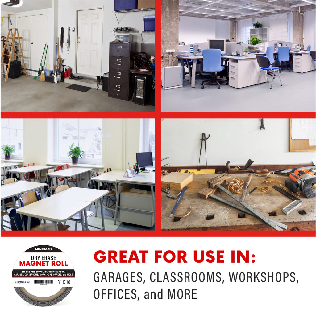 Minomag 3" x 10' Dry Erase Magnet Roll | Strong Magnetic Whiteboard Tape Roll. Cut into Custom Label Strips and Sheets for Fridge or White Board, 3 inch Wide by 10 Foot Long.
