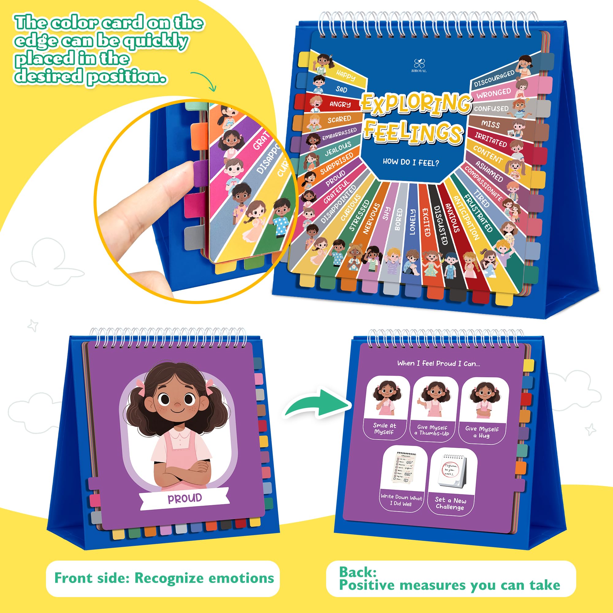 BIROYAL Emotions & Feelings Chart for Kids, 30 Different Emotions Book, Autism Must-Have ADHD Tools for Toddler, Self Emotional Regulation Tools, Feelings Wheel Flip Book, Calming Down Corner Items