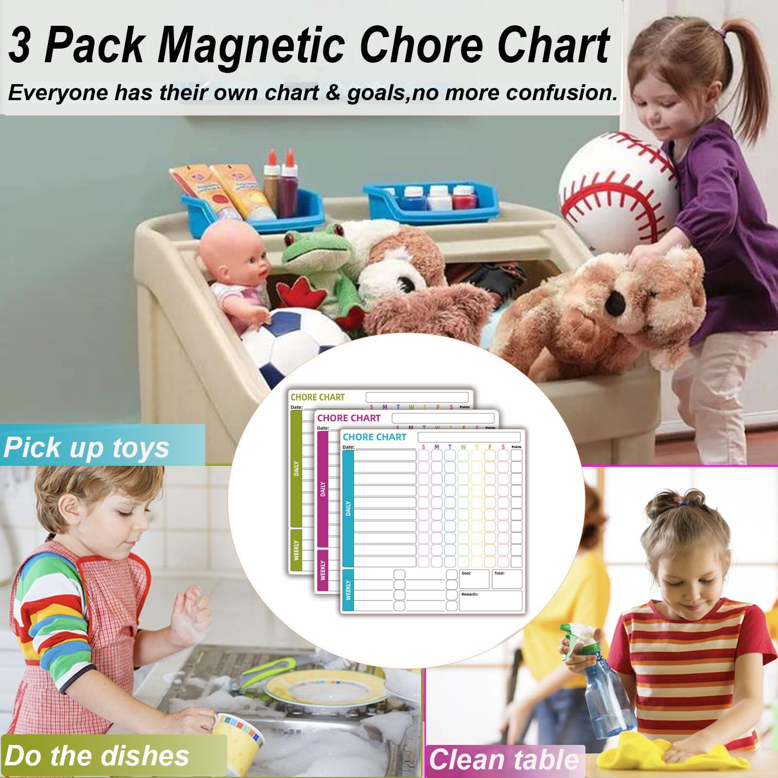 Chore Chart, Uniqcasa 3 Pack Magnetic Chores Chart,Dry Erase Behavior Responsibility Reward Chart Fridge Weekly to Do Memo Checklist with 6 Fine Markers for Teenagers Adults