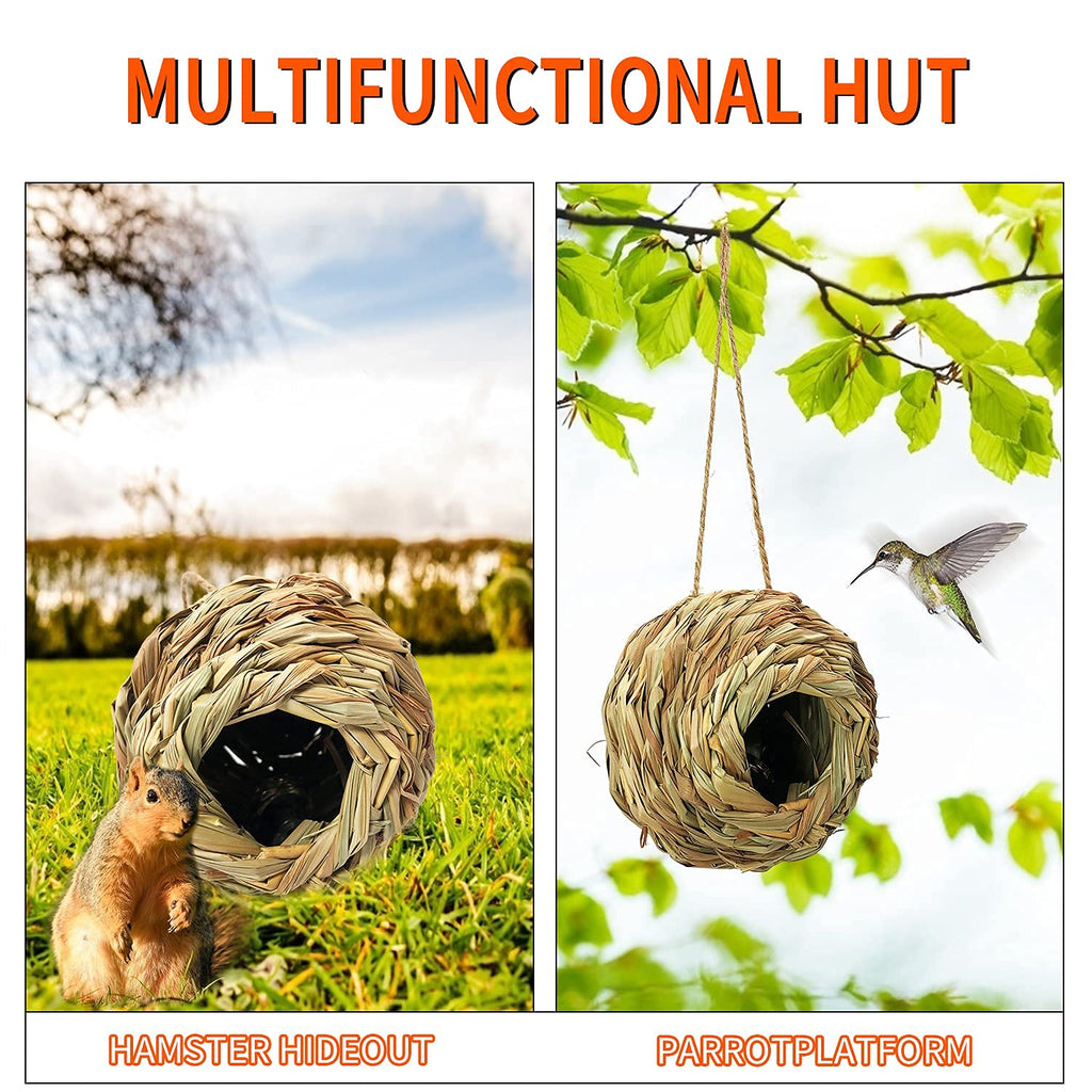 Puninoto Humming Bird Houses for Outside Hanging, Natural Grass Hanging Bird Hut, Hand Woven Hummingbird Nest, Large Wren Finch Bird House for Garden Window Outdoor Home Decoration, 3 Pack