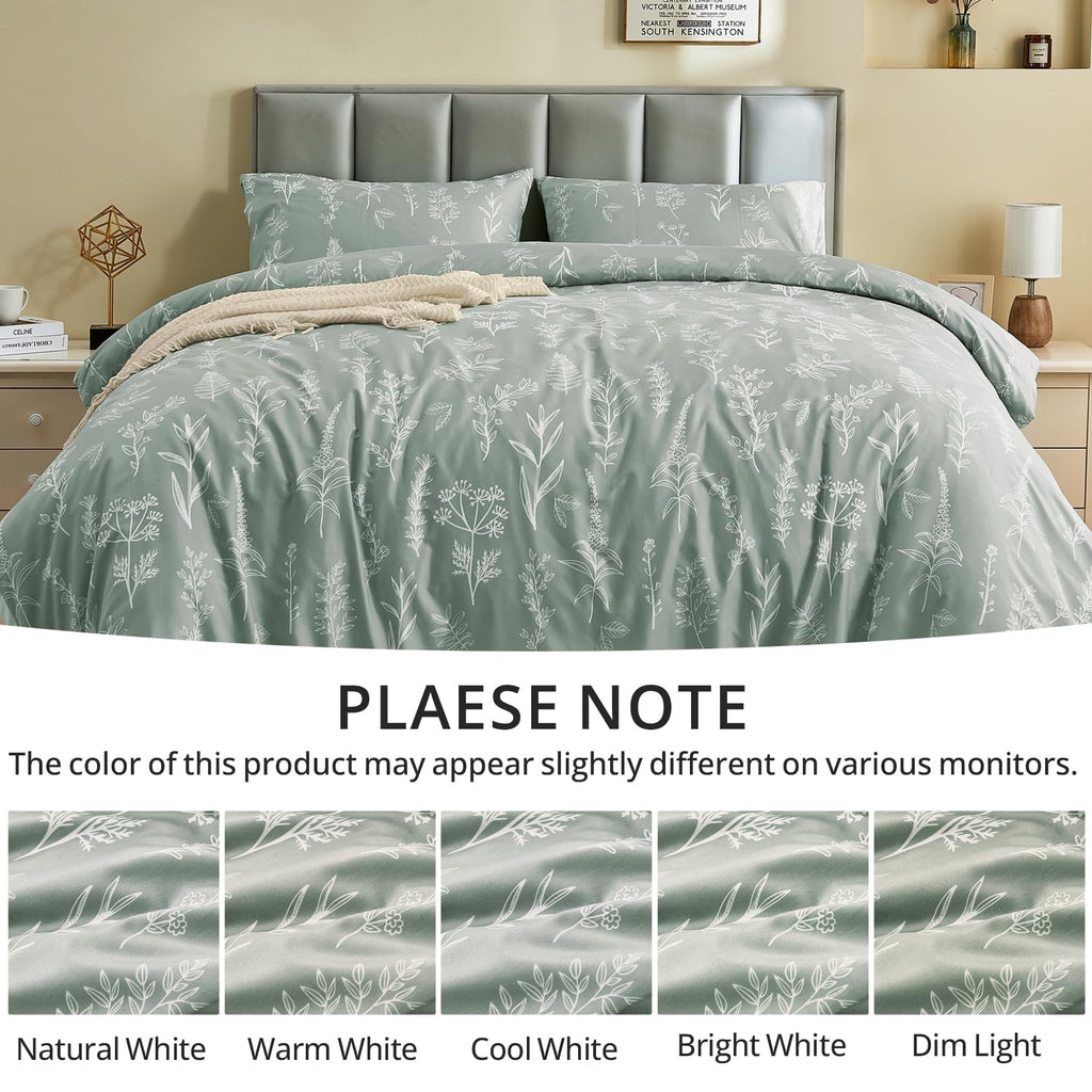 MUXHOMO Duvet Cover Queen Size, Reversible Floral Green Duvet Cover Set with Zipper Closure, 3 Pieces Botanical Patterns Soft Microfiber Bedding Set (90"x90", 2 Pillow Cases 20"×30" )