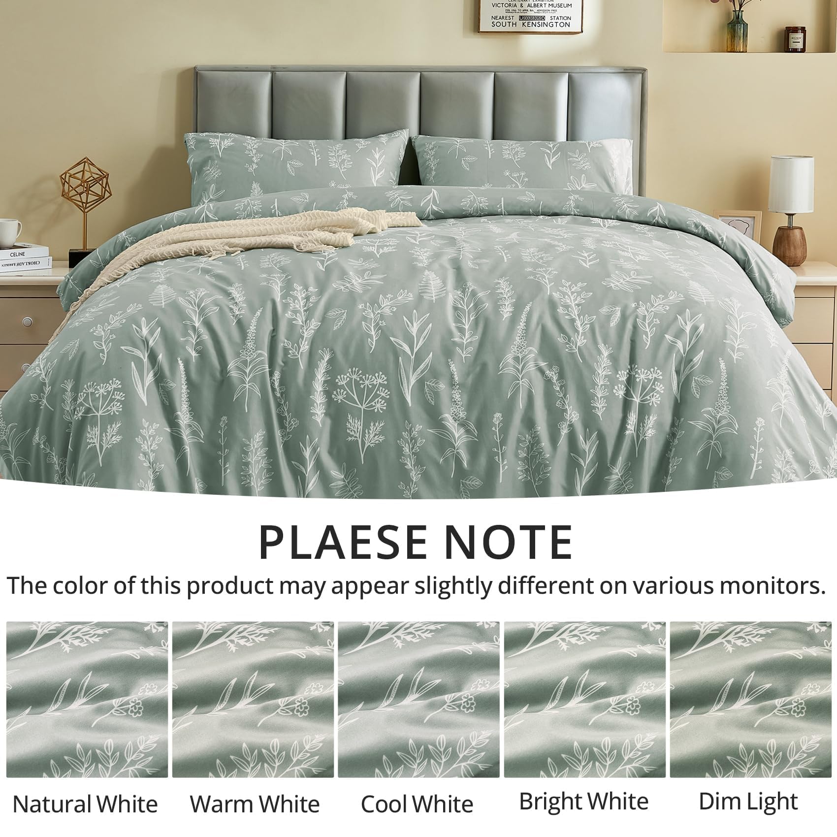 MUXHOMO Duvet Cover Queen Size, Reversible Floral Green Duvet Cover Set with Zipper Closure, 3 Pieces Botanical Patterns Soft Microfiber Bedding Set (90"x90", 2 Pillow Cases 20"×30" )