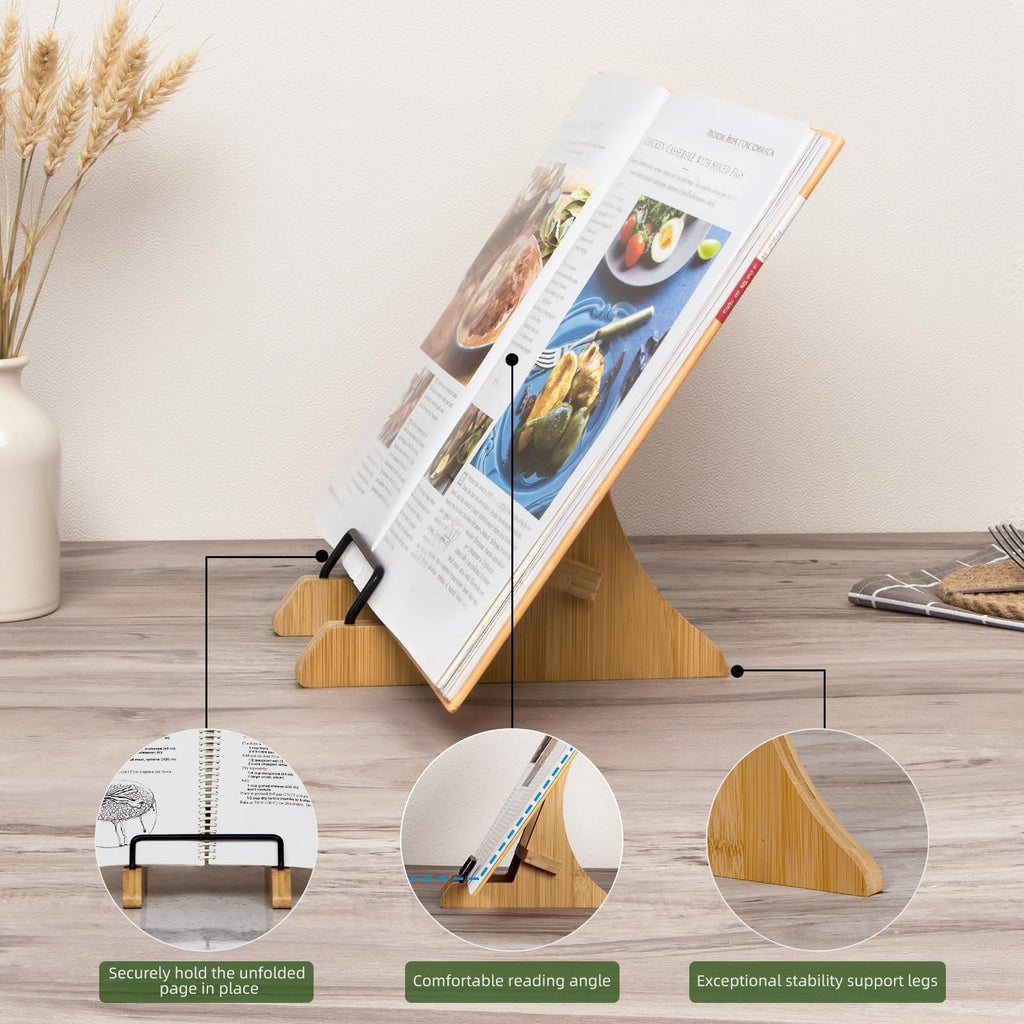 PUERSI Cookbook Stand for Kitchen Counter, Bamboo Cookbook Holder, Cook Book Stand for Kitchen, Recipe Book Holder - NEW Patented Design