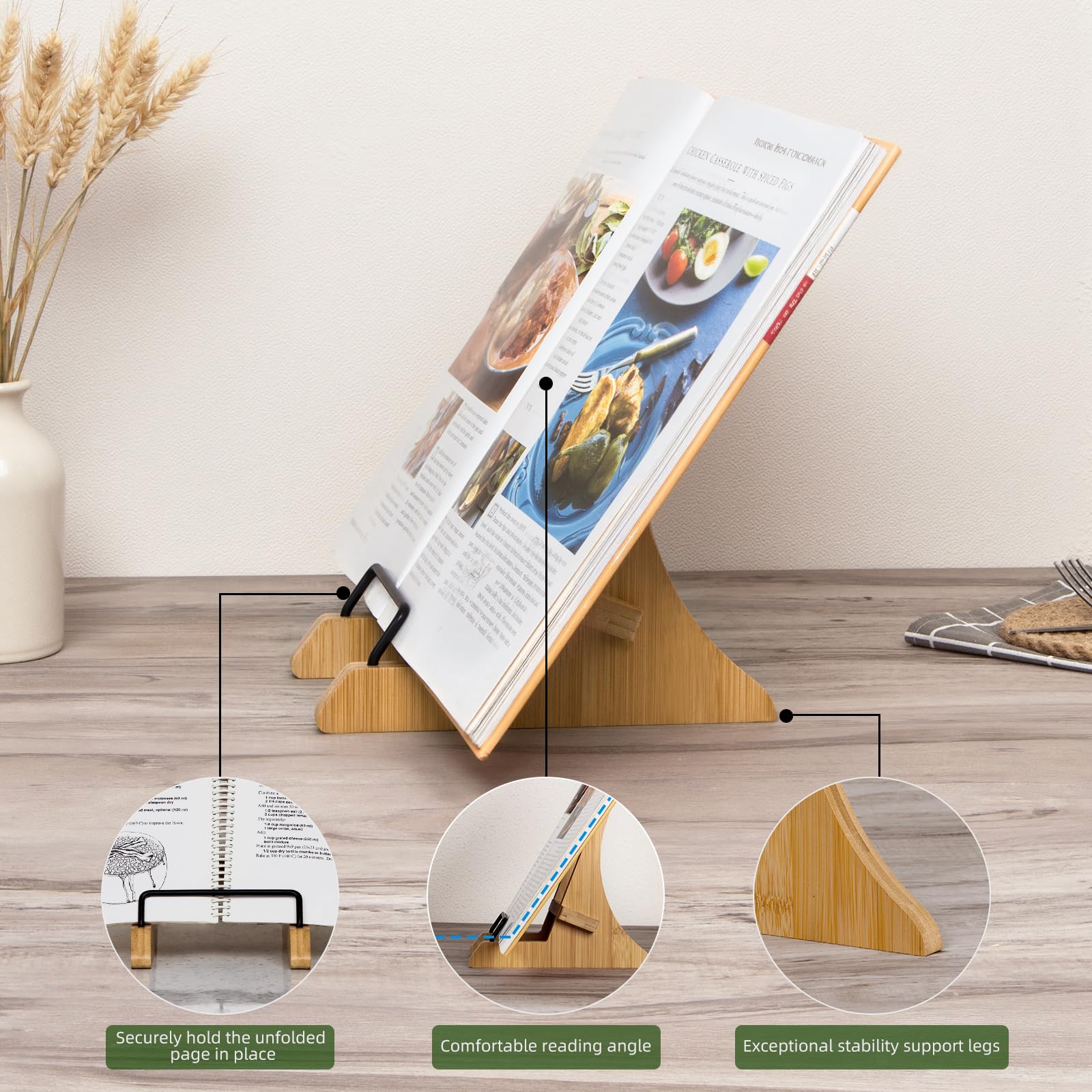 PUERSI Cookbook Stand for Kitchen Counter, Bamboo Cookbook Holder, Cook Book Stand for Kitchen, Recipe Book Holder - NEW Patented Design