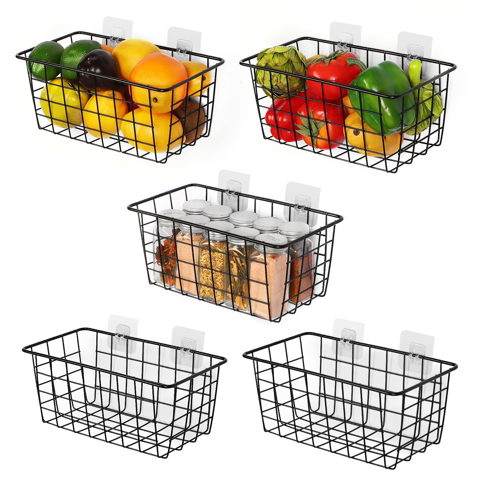 5 Pack Wire Storage Baskets, Hanging Wall Basket Premium Metal Storage Bin Organizer Basket for Home Office Kitchen Pantry Bathroom Countertop