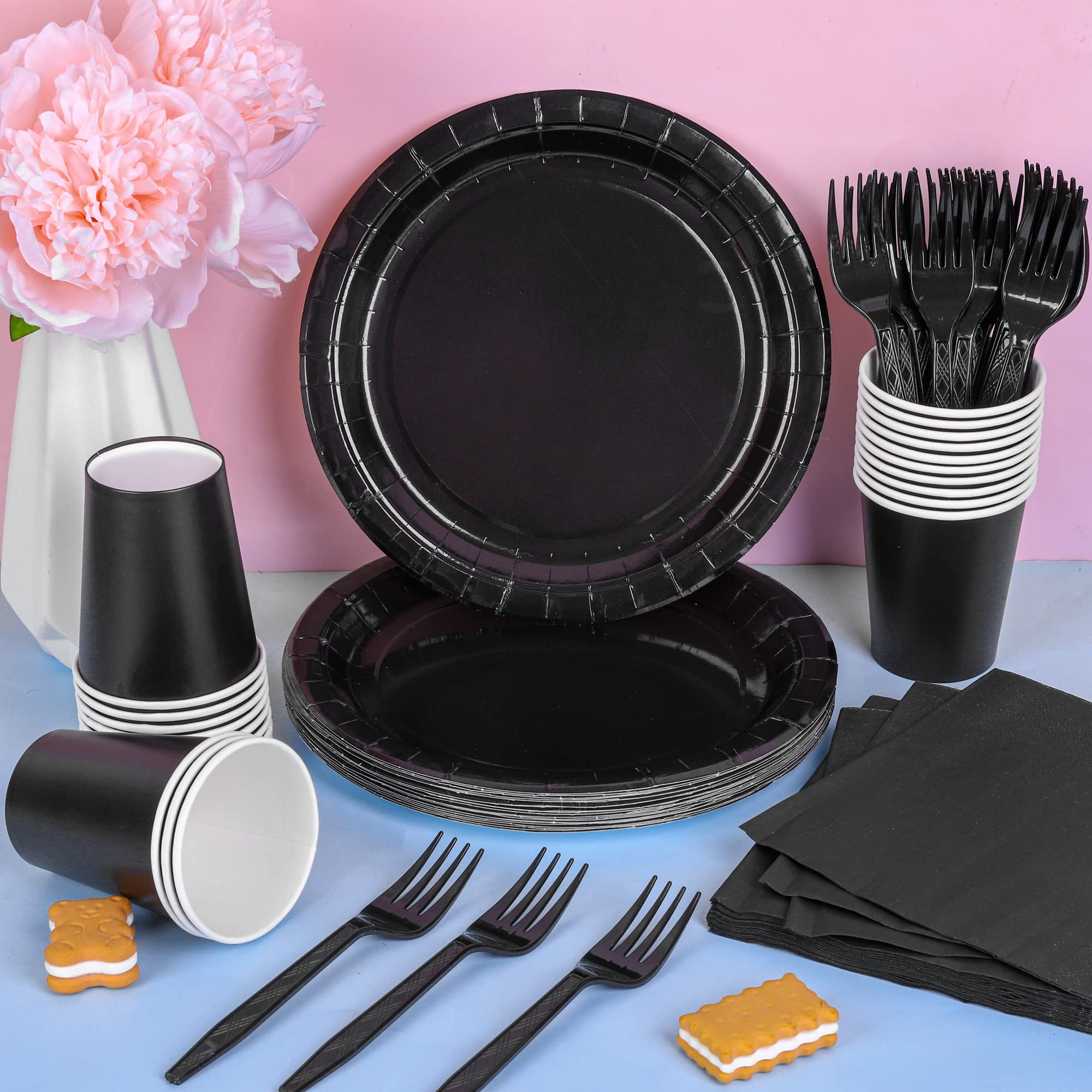 ADXCO Party Supplies - Disposable Black Party Decorations: 9 Inch Paper Plates, Cups, Napkins - Serves 24 for Birthday, Wedding, Holidays