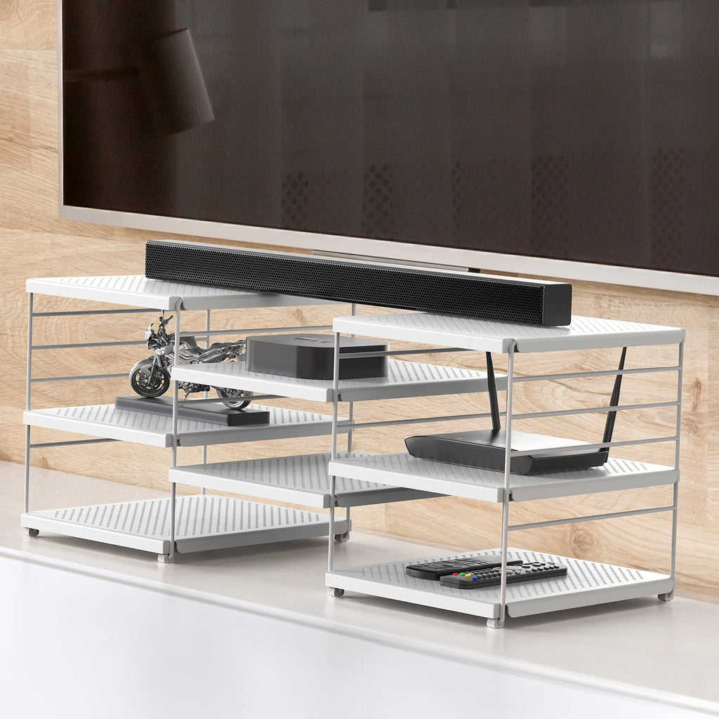 Simple Houseware Expandable Counter Shelf Organizer, Adjustable Storage Rack for Kitchen Cabinets, Pantry, or Desktop Accessories, 9.5" D x 23" W x 9.25" H, White