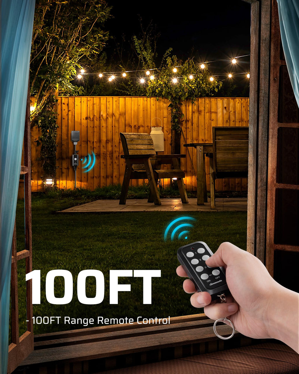 DEWENWILS Outdoor Remote Control Outlet, 15A Wireless Remote Control Switch, 100FT Control Range & 14AWG SJTW Power Cord, Weatherproof for Outdoor Appliances, 1 Remote Control+1 Outlet