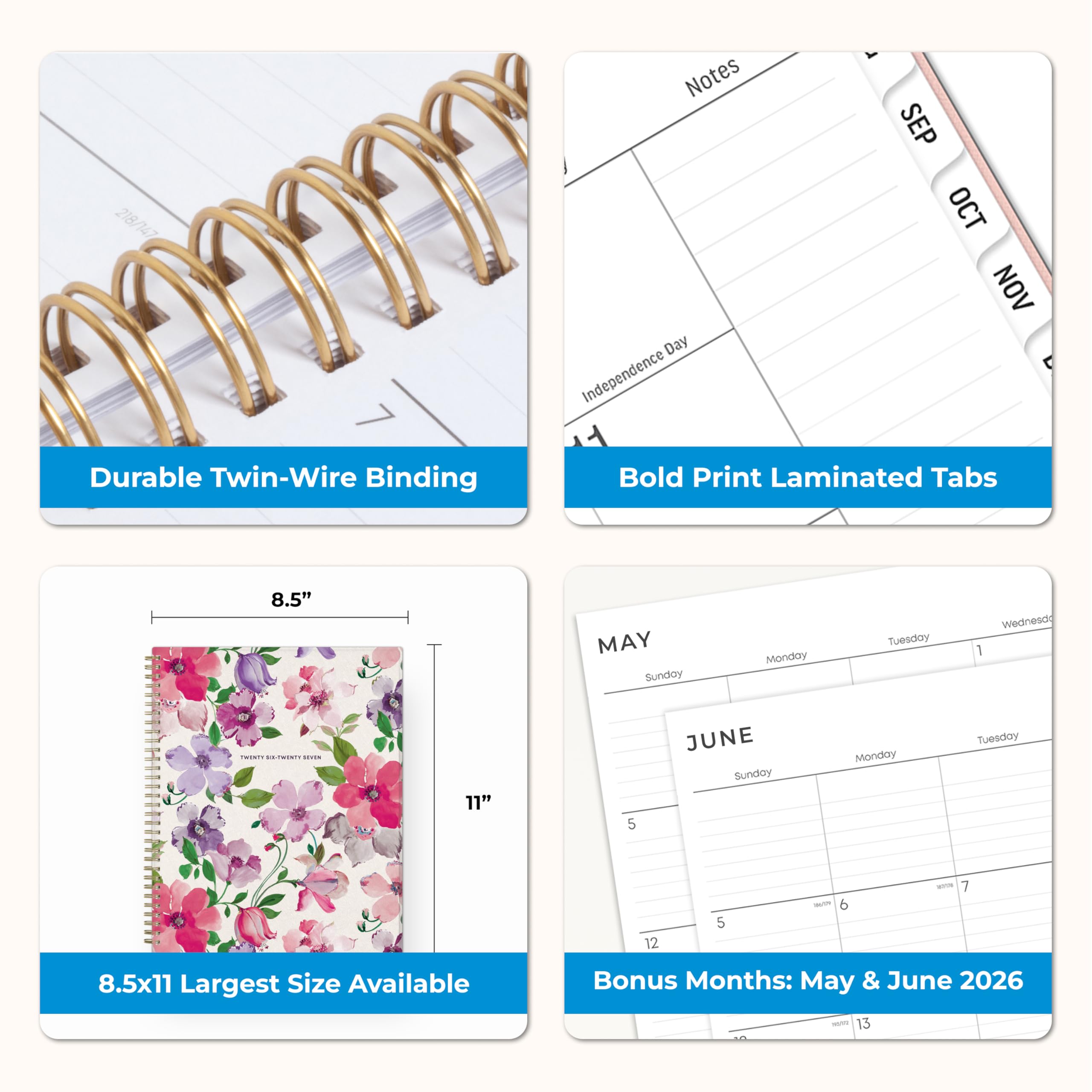 Blue Sky 2026-2027 Large Print Weekly and Monthly Academic Year Planner Calendar, July 2026 - June 2027, 8.5" x 11", Flexible Cover, Wirebound, Storage Pocket, Laminated Tabs, Charlotte