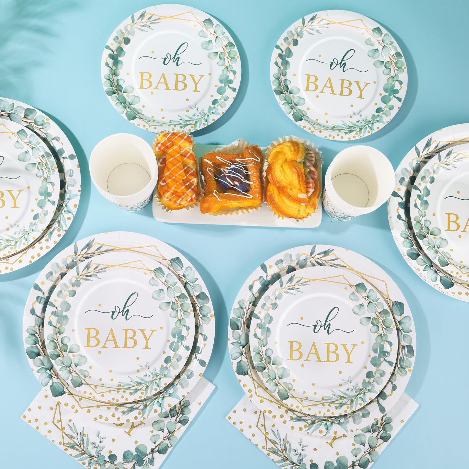 Gudvilla 168 PCS Sage Green Baby Shower Decorations Neutral, Baby Shower Plates and Cups and Napkins Sets Serves 24, Oh Baby Plates for Boy, Gender Reveal, Green and Gold Plant Eucalyptus Boho