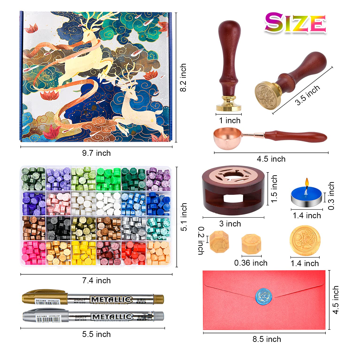 Wax Seal Stamp Kit, 630 Pcs Wax Beads with Gift Box, Wax Seal Stamp with Sealing Wax Stamp, Wax Seal Warmer, Envelopes Metallic Pens, Wax Seal Stamp Set for Gift and Decoration