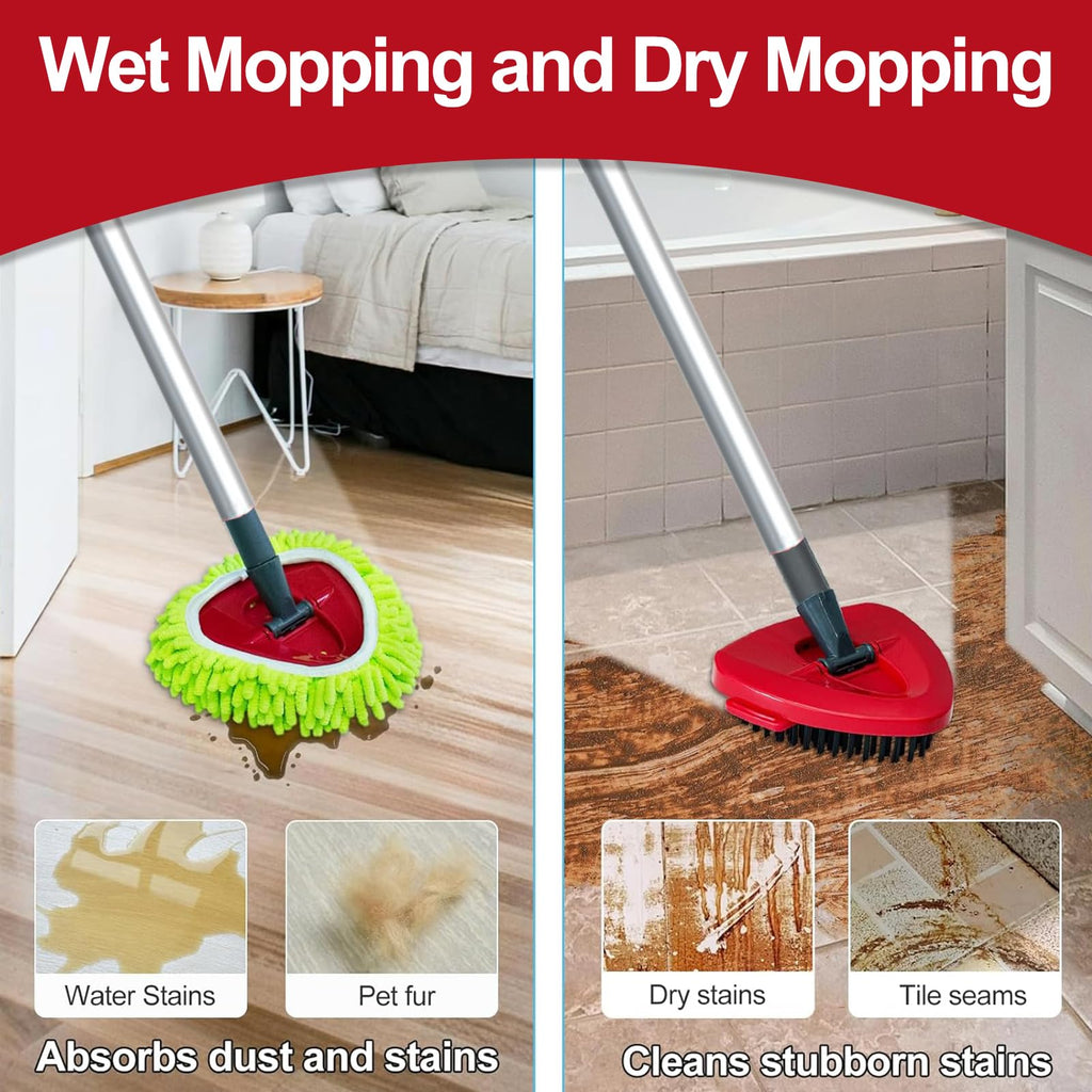 4 Spin Mop Replace Head for Vileda EasyWring 1 Tank, 30”-58" Mop Handle,Chenille&Microfiber Head Refills for Multi-Surface Floor Dry/Wet Use,Triangle Floor Base and Scrub Brush Combo Set Replacement