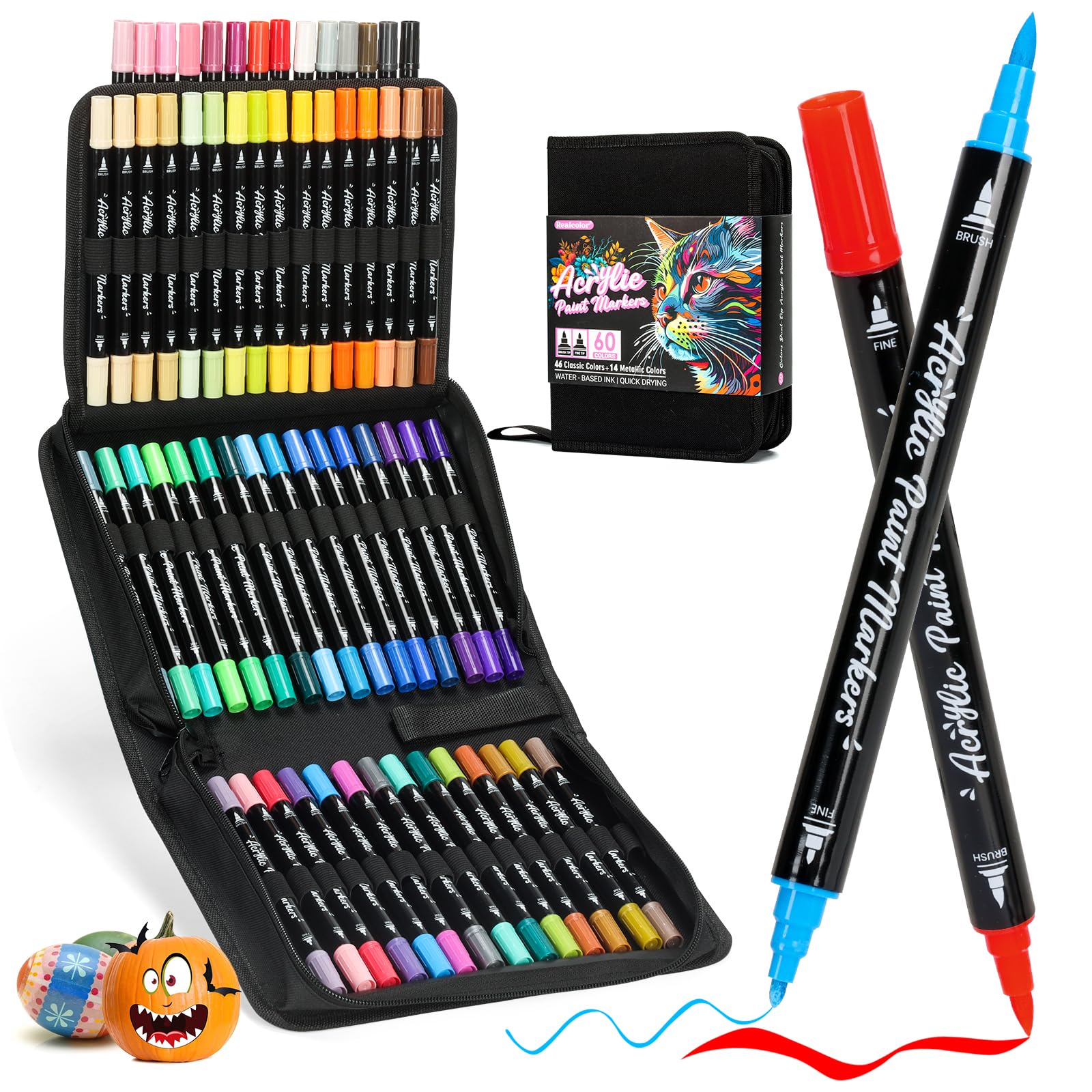 Acrylic Paint Markers, 60 Colors Dual Tip Acrylic Paint Pens with Brush and Fine Tips for Rock Painting, Wood, Canvas,Ceramic,Card Making,Vibrant Color Ideal for Artists, Crafters & DIY Projects