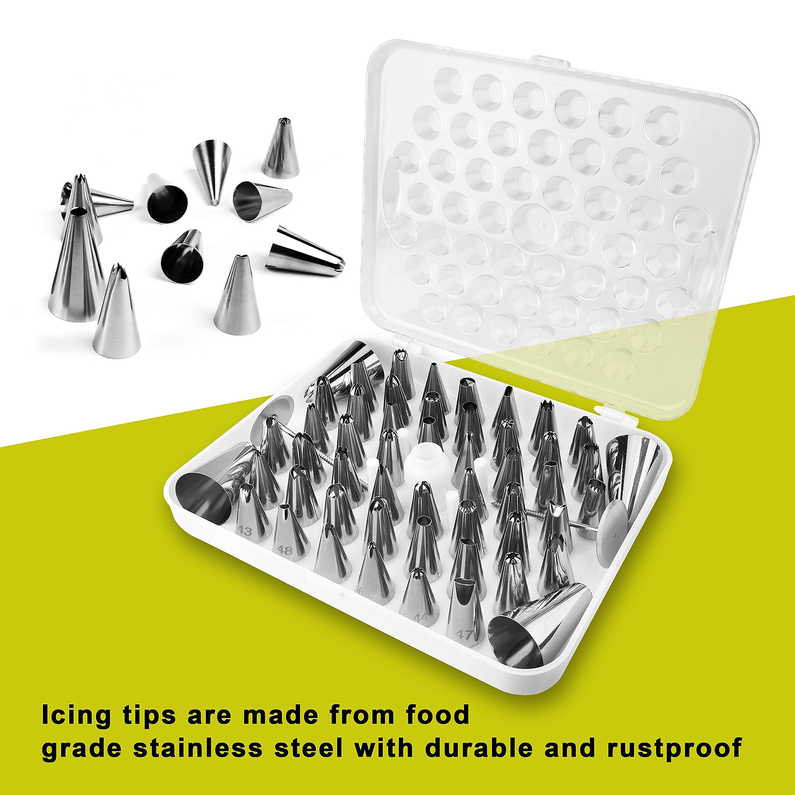 Icing Piping Tips Set Icing Piping Tips Set,52 Piping Tips,2 Flower Nails and 1 Coupler.A Durable and Convenient Box.