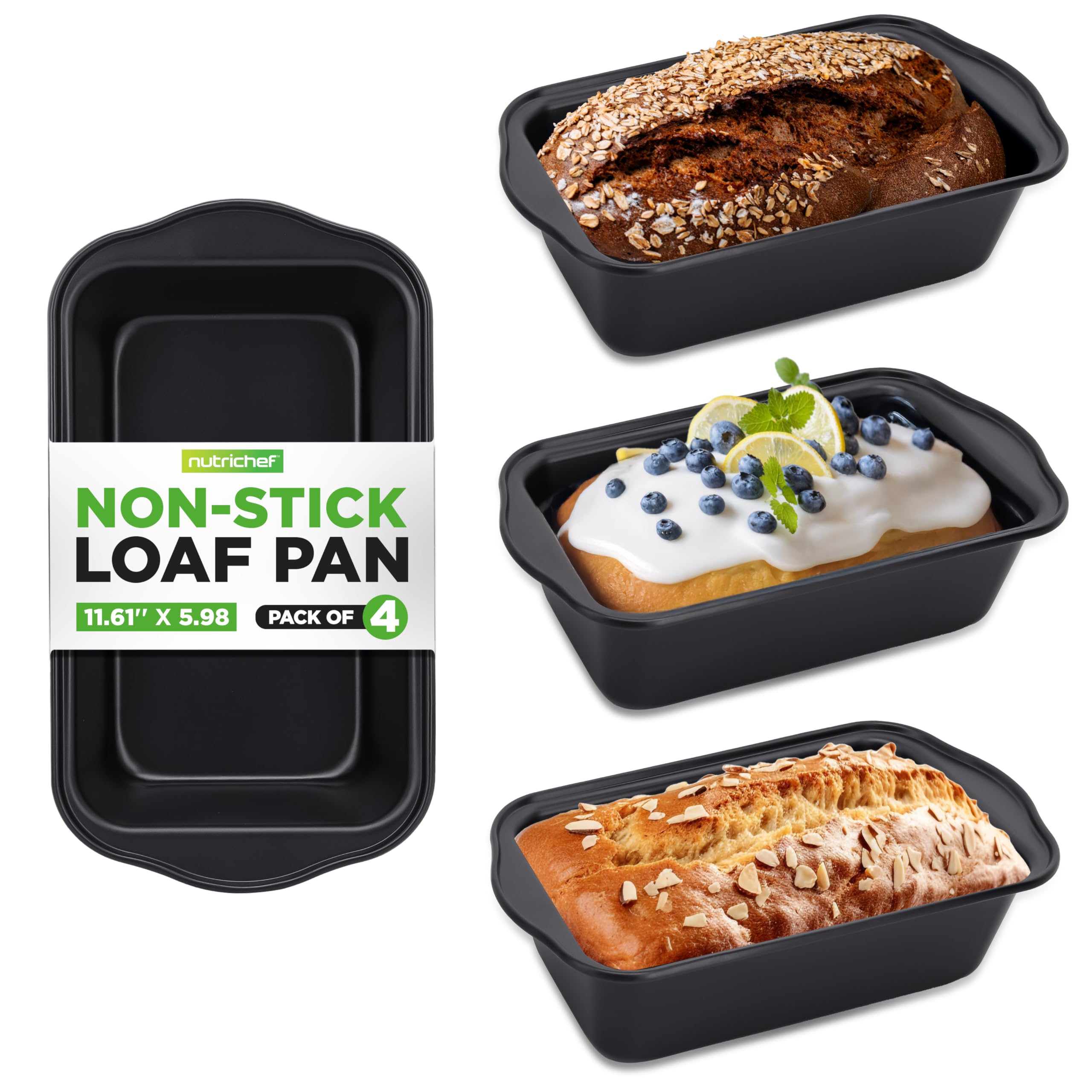 NutriChef Loaf Pans - 4 Piece Nonstick Bread Loaf Pan with Easy Grip Handles, Heavy Duty Carbon Steel, Idea for Cakes, Bread, Loaves and Meatloaf, Dishwasher Safe, 11.6"x5.9"