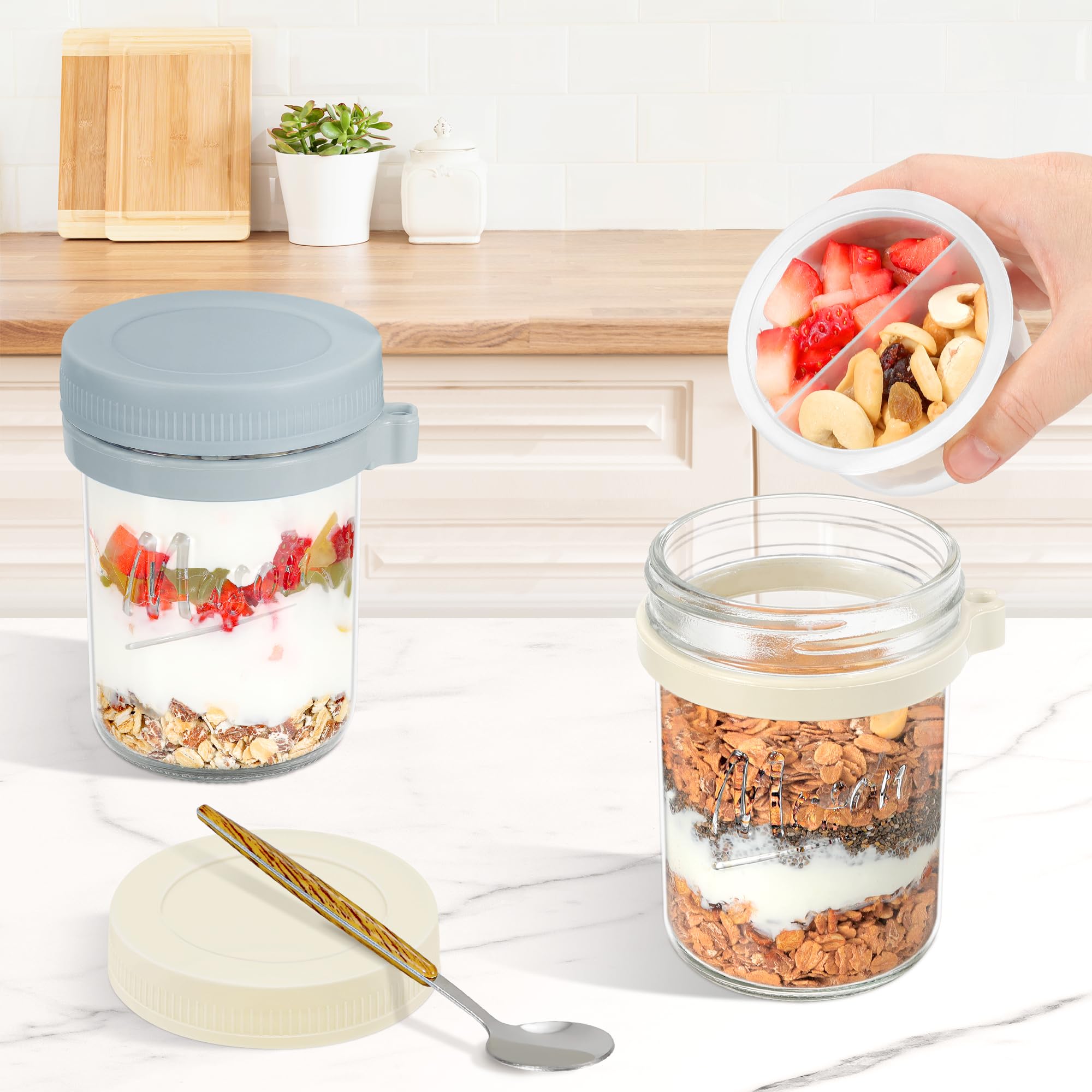 Xyptorix 4 Pack Overnight Oats Containers with Lids and Spoons, 16 oz Mason Jars with Removable Separate Compartments, Airtight and Leak-Proof Glass Jars for Chia Pudding, Yogurt, and Oatmeal