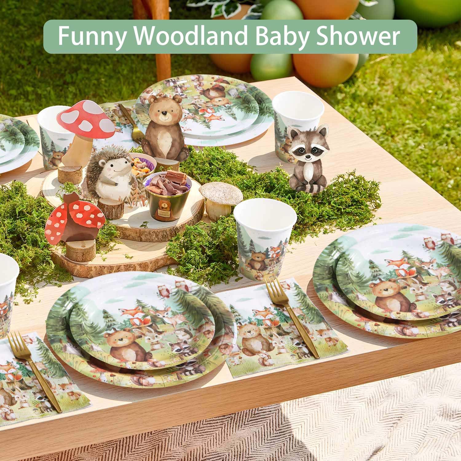 Woodland Baby Shower Decorations Plates Set 25 Guests, 125 Pcs Paper Plates Napkins Cups Cutlery Forest Animals Theme Birthday Decorations Tableware