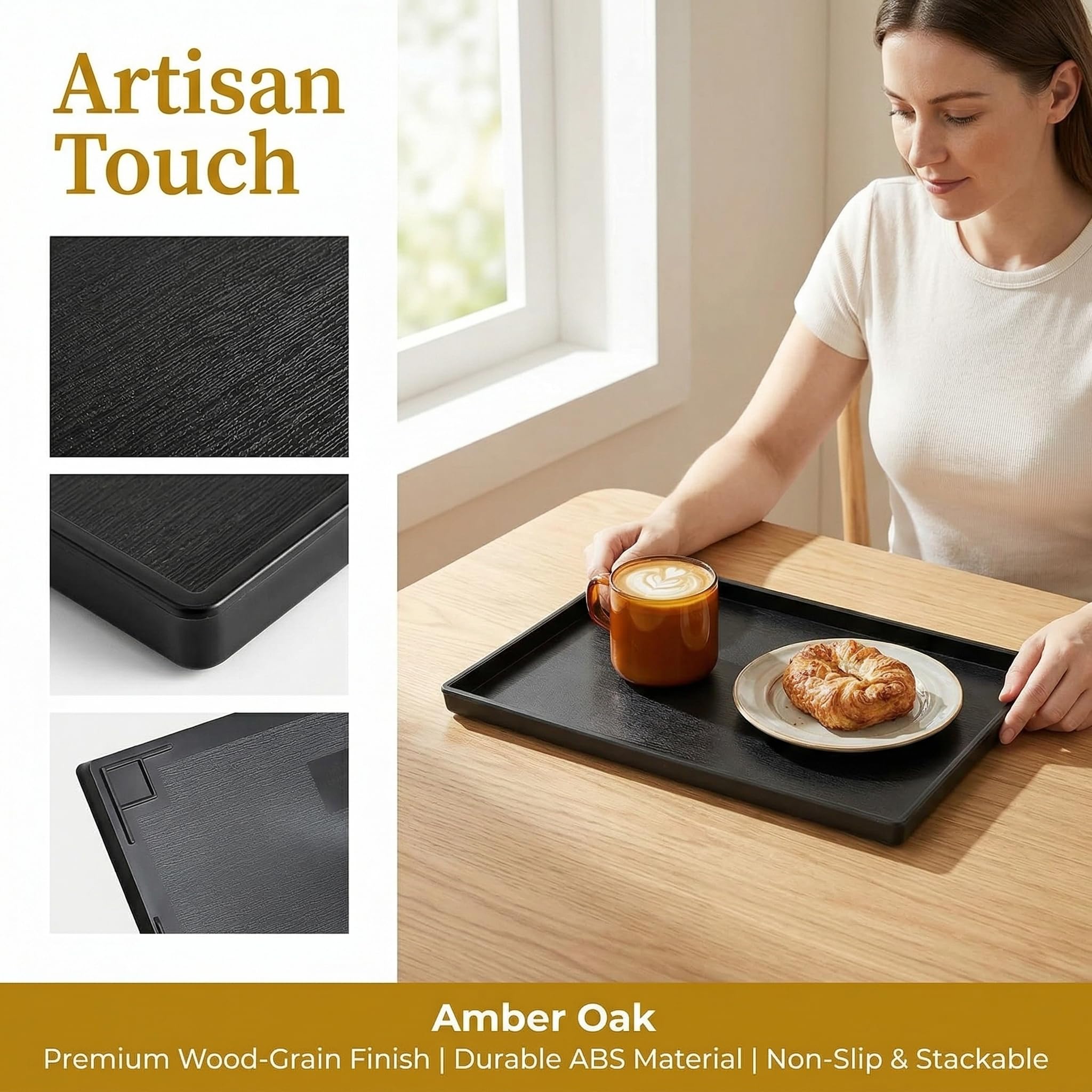 Cedilis 2 Pack Rectangular Serving Trays, Non-Slip Multi-Purpose Plastic Tray for Coffee Table, Parties, 2 Different Sizes, Black