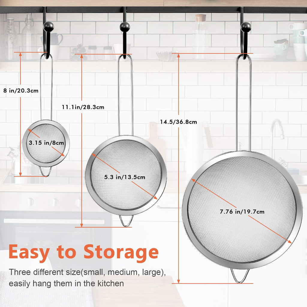 YLYL 3 Pcs Super Wire Extra Fine Mesh Strainer with Handle, Small Medium Large Size Sifter Metal Strainer Set, Stainless Steel Sieve Fine Mesh Strainers for Kitchen Rice Juice Quinoa Food Flour Baking