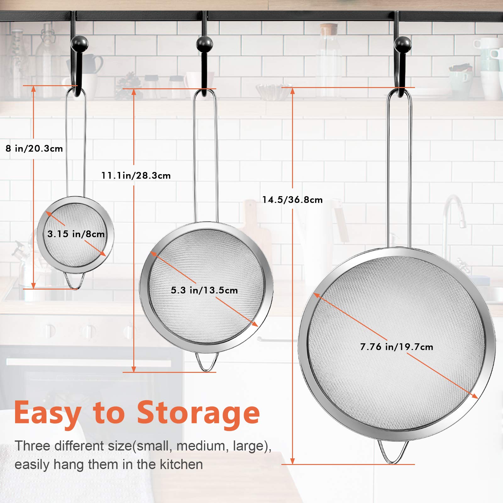 YLYL 3 Pcs Super Wire Extra Fine Mesh Strainer with Handle, Small Medium Large Size Sifter Metal Strainer Set, Stainless Steel Sieve Fine Mesh Strainers for Kitchen Rice Juice Quinoa Food Flour Baking