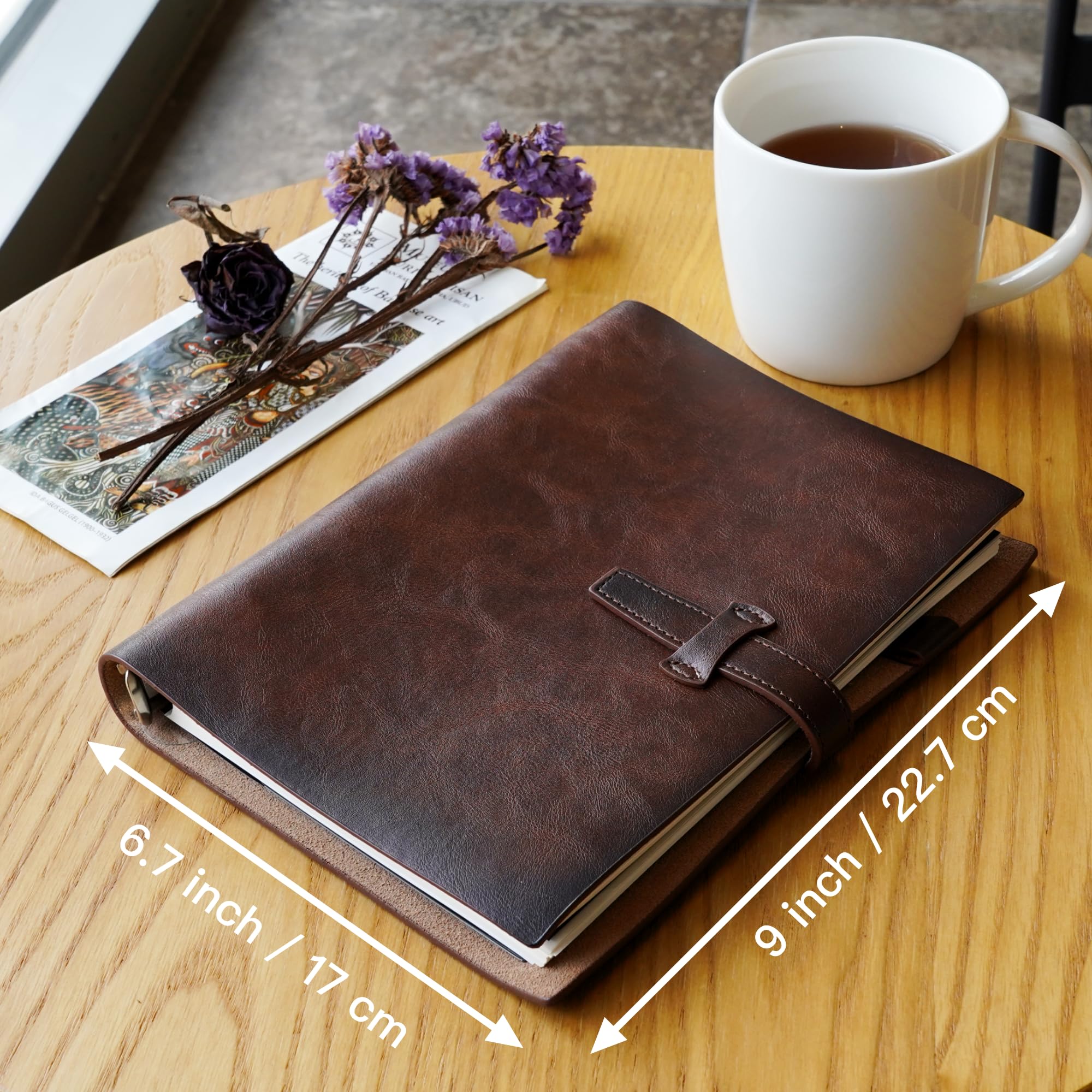 Adeerus Refillable A5 Leather Binder Notebook, Reusable Leather Journal, Vintage Organizer with 6-Ring Metal Binder, 120 Pages Lined Paper & Pocket, for Writers Business Work Study College and Daily