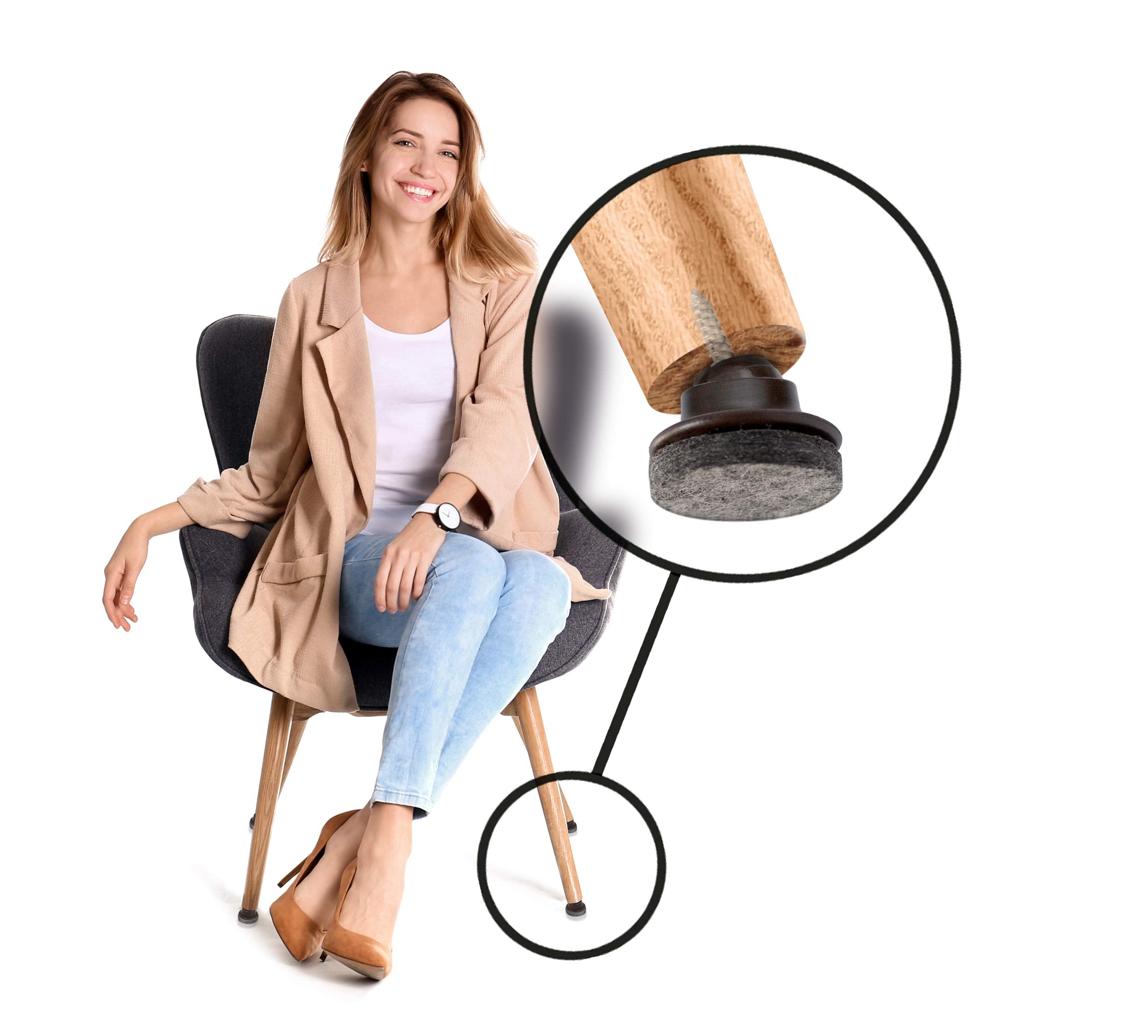 GorillaFelt Swivel Glide Felt Sliders for Chairs (16 Pack) Screw-On Floor Protectors for Angled Furniture Legs, 1 Inch Felt Glides (25mm Round), CB259-16