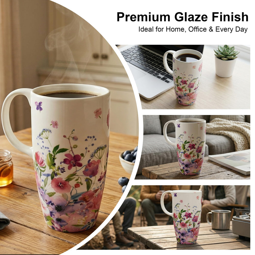 Topadorn Ceramic Mug with Lid Coffee Mug with Gift Box Latte Mug Coffee Cup,17oz.Pink Garden