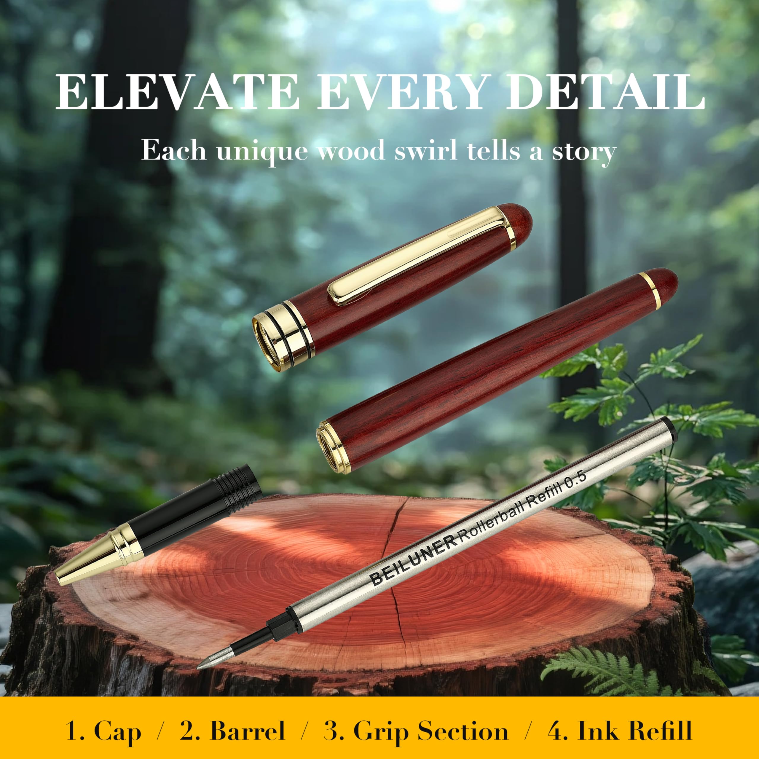 BEILUNER Luxury Rosewood Ballpoint Pen Writing Set - Elegant Fancy Nice Gift Pen Set for Signature Executive Business Office Supplies - Gift Boxed with Extra Refills (Black)