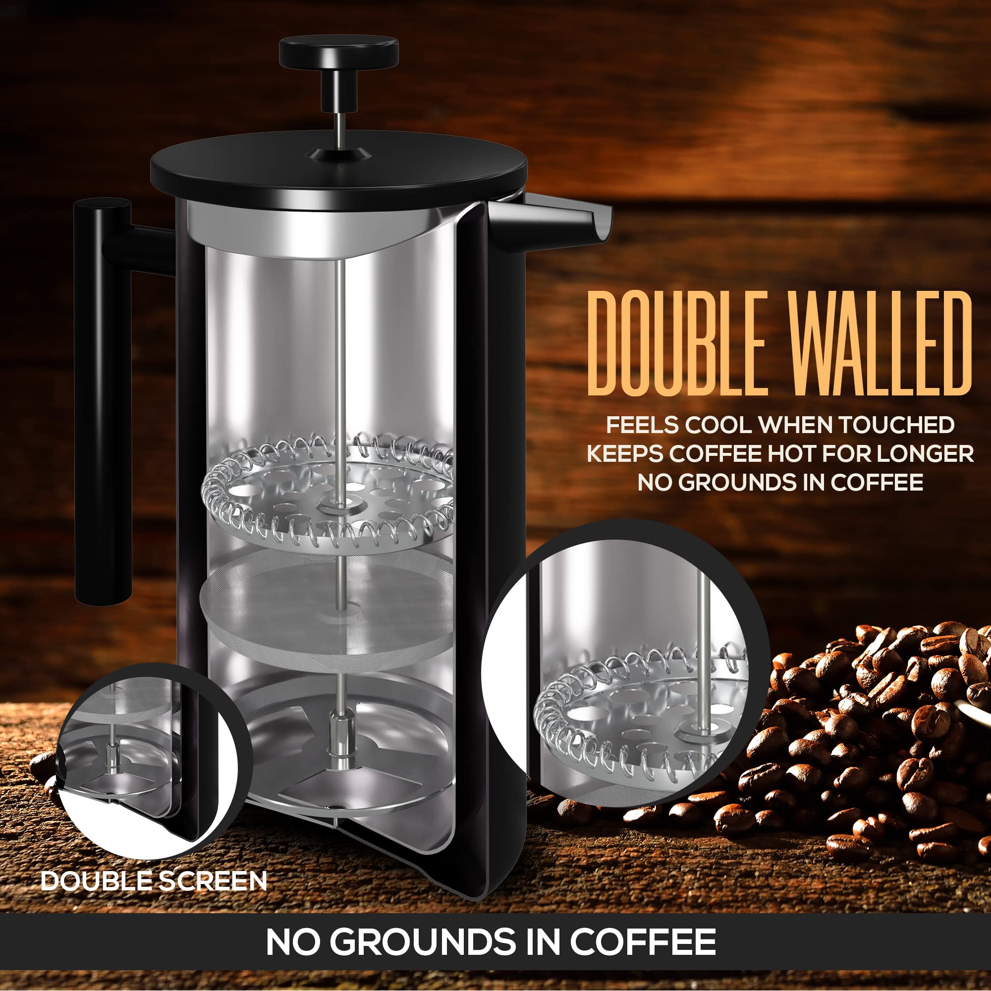 KICHLY - 50 OZ French Press, Stainless Steel Double Walled Insulated Coffee Press with Refined Filters, Espresso and Tea Maker - Black