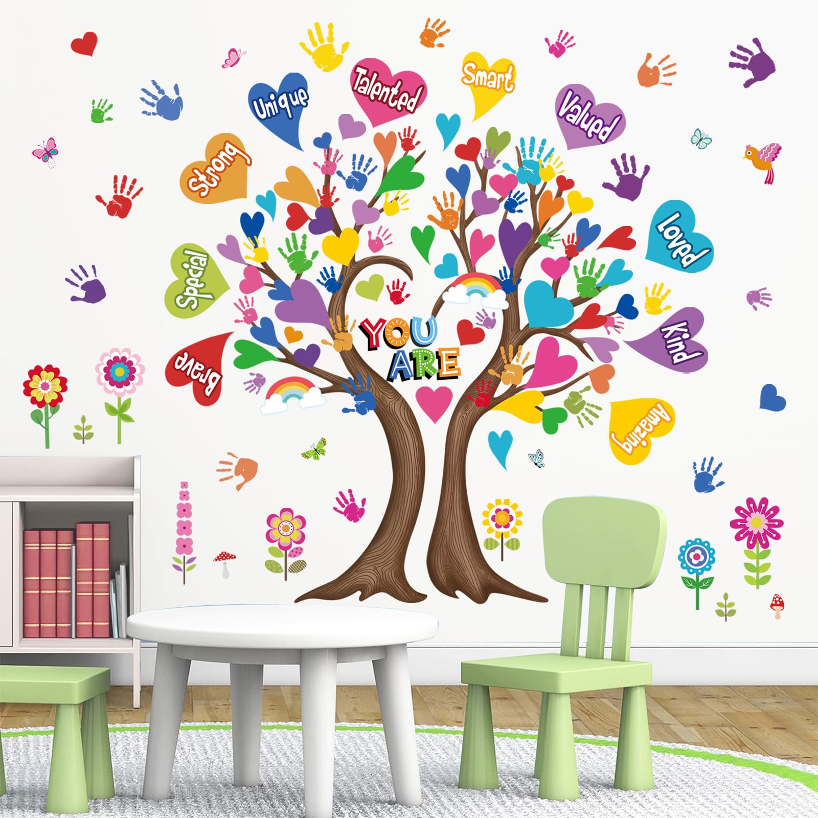 wondever Large Hearts Tree Handprint Wall Stickers Classroom Decor Tree Inspirational Quotes You Are Strong Peel and Stick Wall Art Decals for Kids Room Elementary School Teacher Classroom Daycare