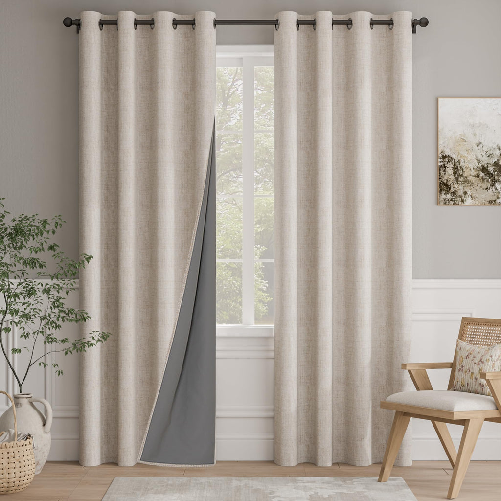 NICETOWN Oatmeal Vintage Open Linen Weave Flax Thermal Curtains, 100% Blackout Curtains 84 Inches Long for Dining Room, Window Treatment Drapes for Hall Room, 52" Wide Per Panel, Set of 2
