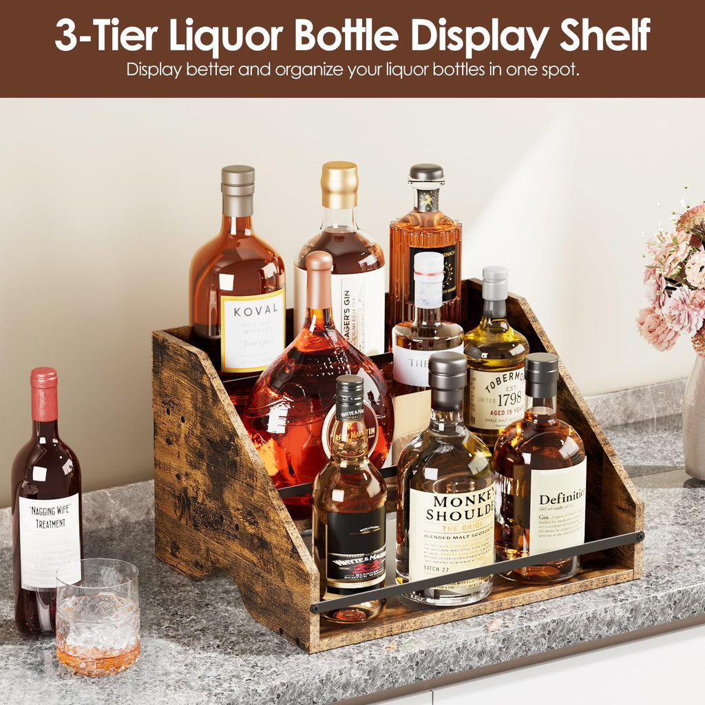 Nuovoware Liquor Bottle Display Shelf, Coffee Syrup Organizer, 3 Step Countertop Liquor Wine Rack, Home Retro Shelf Stand for Mini Bar, Cabinet, Bar Essentials for Whiskey, Spirits, Wooden
