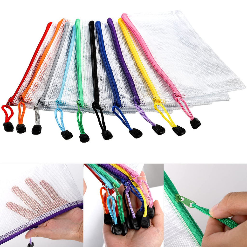Hedume 50 Pack 10 Colors Zipper Mesh Pouch, A6 (9.1 x 4.7 inches) Zipper Pouch Waterproof Plastic Zip File Bags, for Bills, Cosmetics, Travel Storage and Office Supplies
