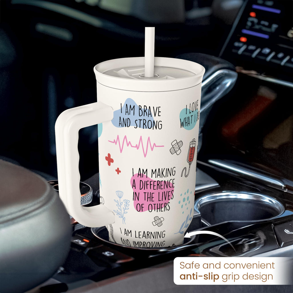 Nurse Tumbler with Handle 40oz, Coffee Travel Mug with Straw, Inspiration Gifts for Women Female Nurses, Nursing Gift for Birthday Christmas Nurse Week