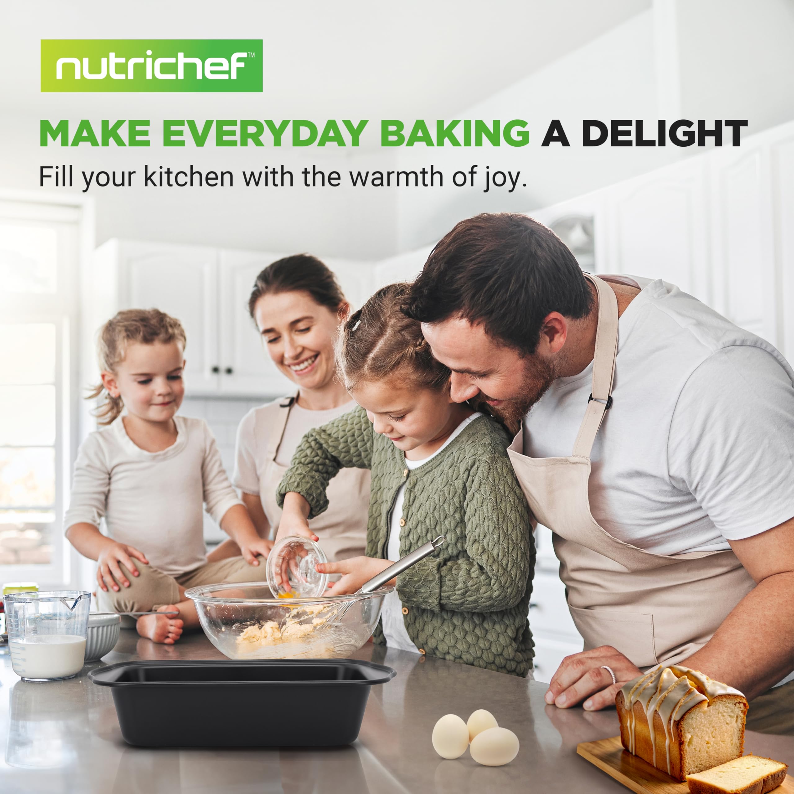 NutriChef Loaf Pans - 4 Piece Nonstick Bread Loaf Pan with Easy Grip Handles, Heavy Duty Carbon Steel, Idea for Cakes, Bread, Loaves and Meatloaf, Dishwasher Safe, 11.6"x5.9"