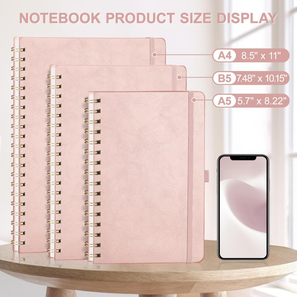 AHGXG Dotted Journal Spiral Notebook 8.5" x 11", Large A4 Leather Hardcover Dotted Notebook, 100 GSM Thick Dot Grid Paper, Inner Pocket, Rose Gold