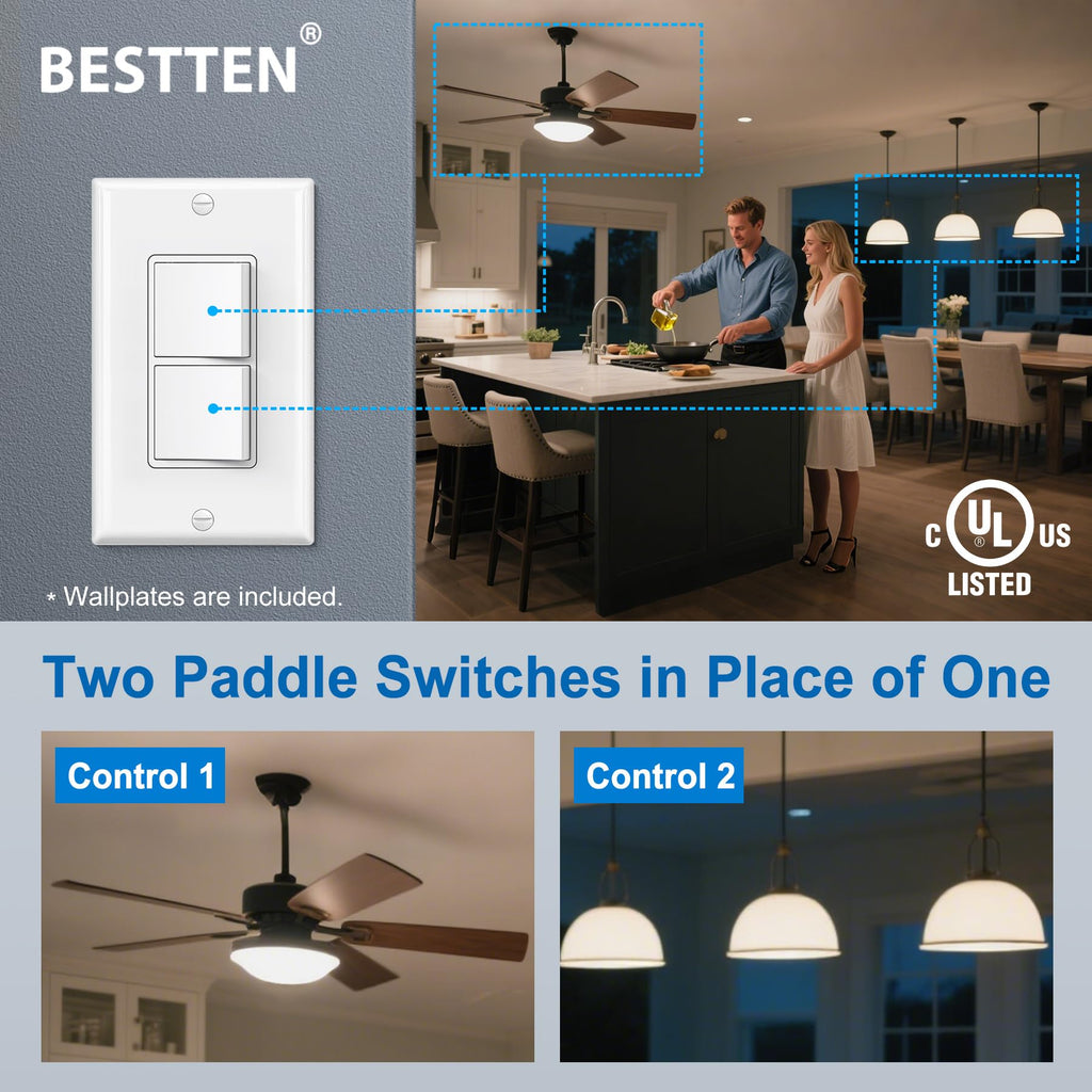 [2 Pack] BESTTEN Double Light Switch, Single Pole Combination Interrupter, 15A 120V, Dual Control Paddle Rocker, Residential & Commercial Use, cUL Listed, White