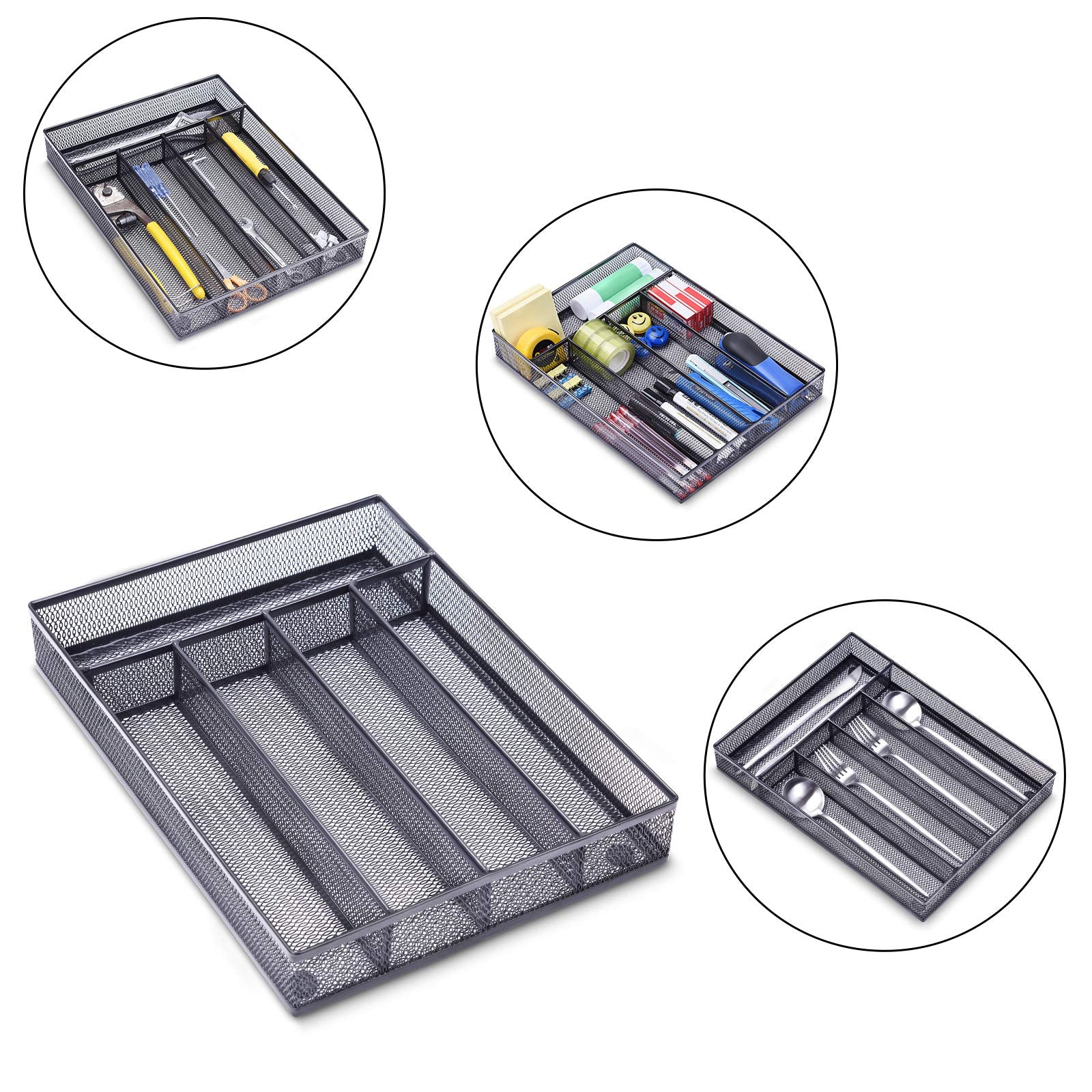 Office Drawer Organizer, 5 Compartments Desk Drawer Organizer Tray for Storage Office Supplies, Art Supplies, Stationery, Black