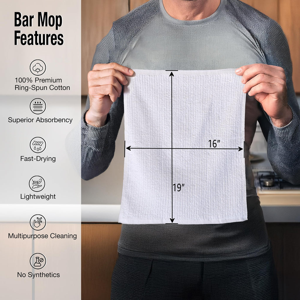 Bar Towels - Bar Mop Cleaning Kitchen Towels (12 Pack, 16" x 19”) - Premium Ring-Spun Cotton White Kitchen Bar Towels, Restaurant Cleaning Towels, Shop Towels and Rags - Bulk Bar Mop Set