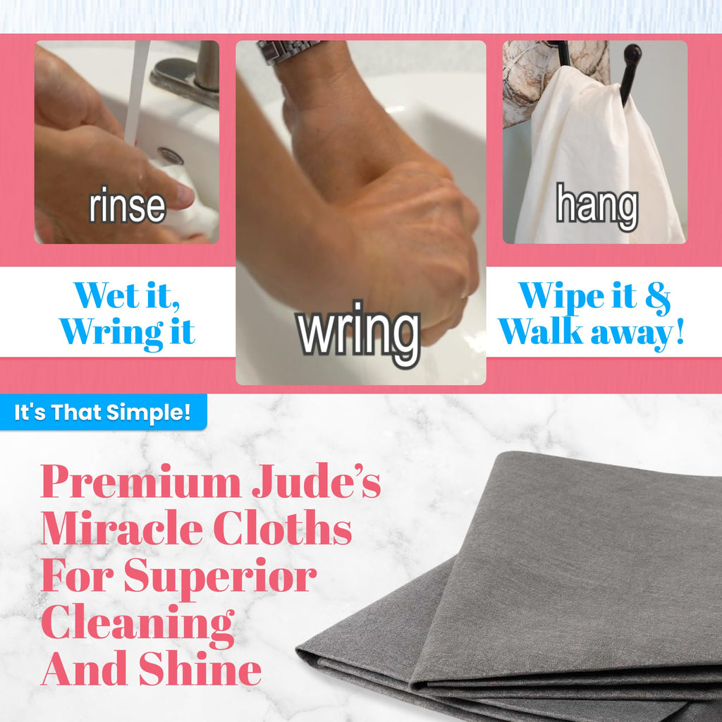 Jude's Miracle Cloth 3 Pack - White/Blue/Grey - Premium Smooth Microfiber Cloths - Chemical-Free, Lint-Free - Windows, Mirrors, Stainless Steel, Chrome, Stone Countertops, Plexiglass & So Much More!