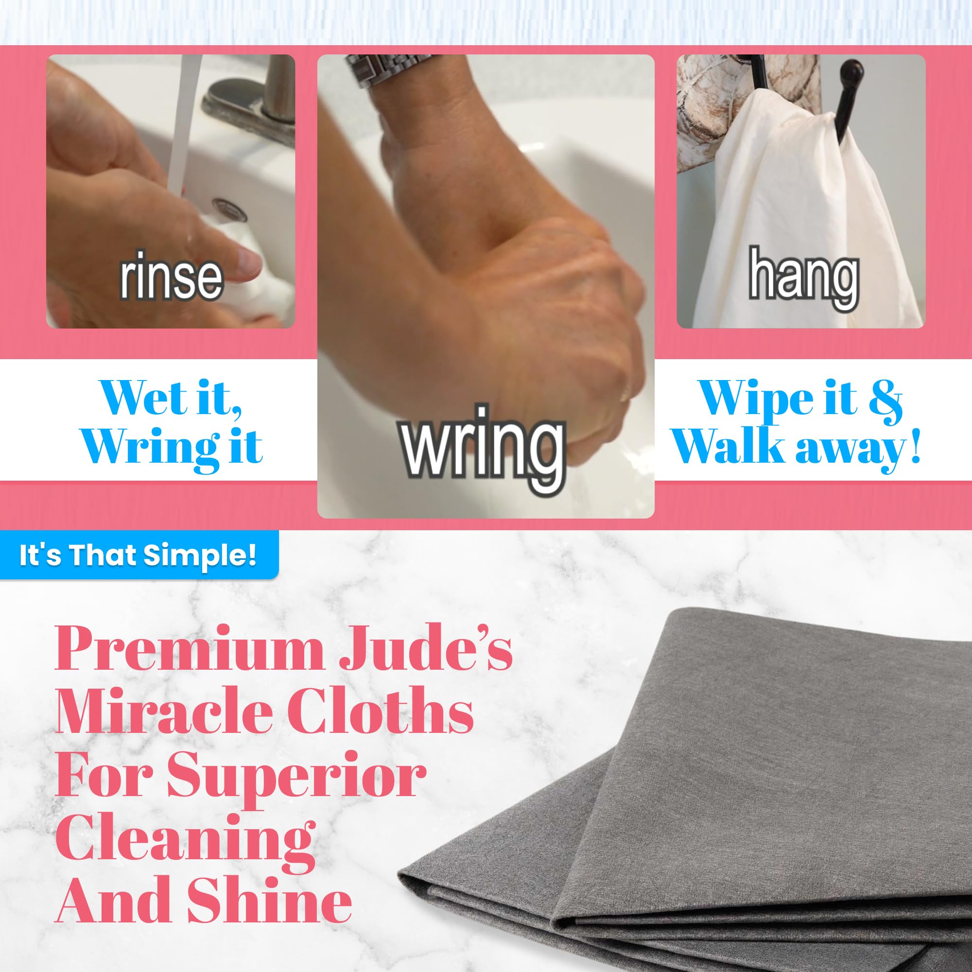 Jude's Miracle Cloth 3 Pack - White/Blue/Grey - Premium Smooth Microfiber Cloths - Chemical-Free, Lint-Free - Windows, Mirrors, Stainless Steel, Chrome, Stone Countertops, Plexiglass & So Much More!