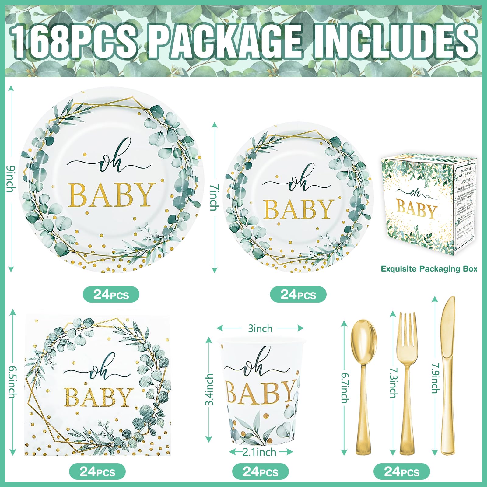 Gudvilla 168 PCS Sage Green Baby Shower Decorations Neutral, Baby Shower Plates and Cups and Napkins Sets Serves 24, Oh Baby Plates for Boy, Gender Reveal, Green and Gold Plant Eucalyptus Boho