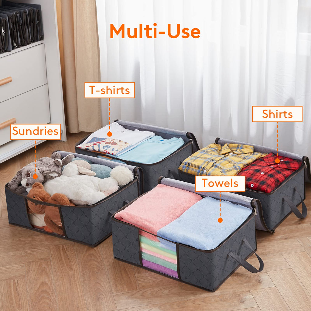Lifewit Clothes Storage Bag Foldable Organizer Bin with Reinforced Handle Sturdy Breathable Fabric Clear Window for Sweaters, Coats, T-Shirts, Blankets, 6 Pack, Grey